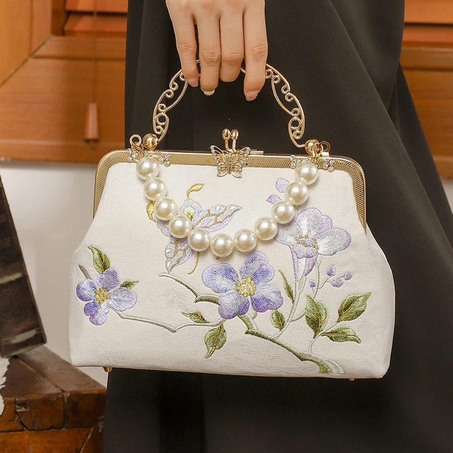 

Chinese Style Embroidered Shoulder Bags Elegant Pearl Handle Handbags Retro Small Square Bag Wedding Party Women Evening Clutch