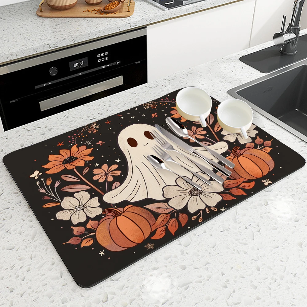 Antiskid Kitchen Absorbent Draining Mat Halloween Cute Ghost Super Draining Coffee Dish Drying Mat Quick Dry Bathroom Drain Pad