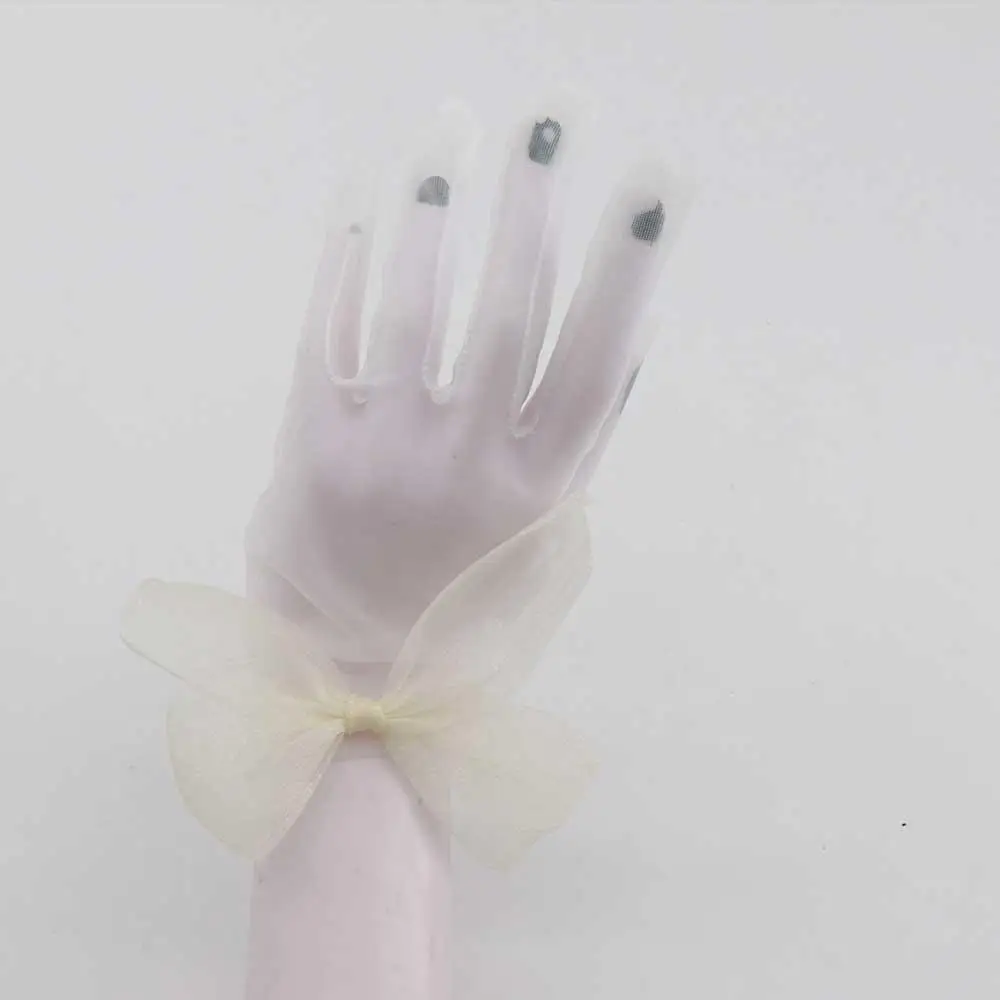 Gants de mariage courts en dentelle pour filles, mitaines en tulle avec nœud, gants de doigt perlés, blanc, doux, sexy, patients