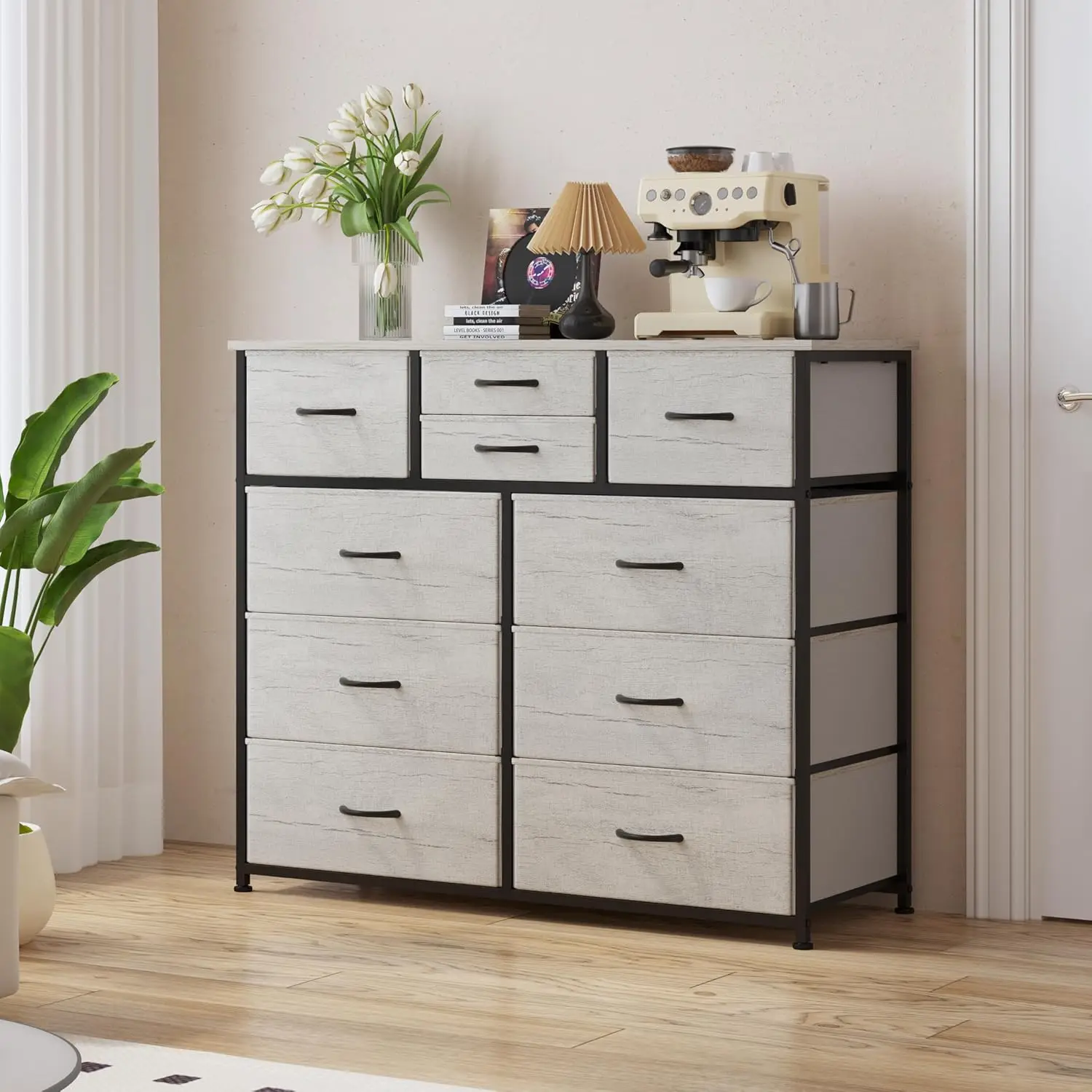 10-Drawer Dresser, Fabric Storage Dresser Drawers for Bedroom, Hallway, Nursery, Closets, Steel Frame, Wood Top, Easy Pul