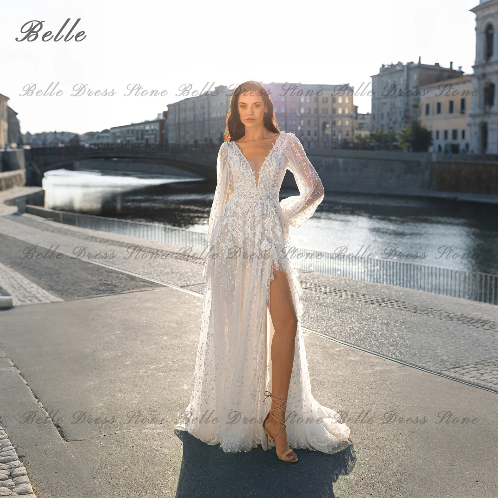 Belle Wedding Dress Lace Deep V Neck Long Sleeves amanda novias oficial Appliques A-Line Bridal Gown with High Slit Train Custom