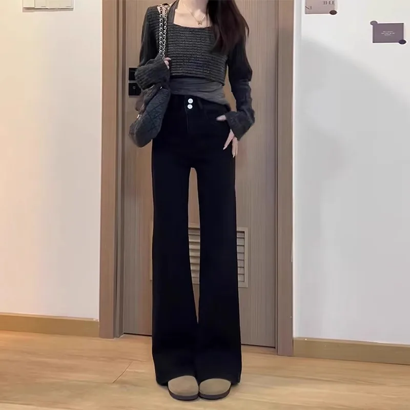 Celana Denim Wanita High Waist Berlapis Tebal Model Slim Fit Musim Gugur Musim Dingin, Panjang Menyentuh Lantai, Model Bell Pants