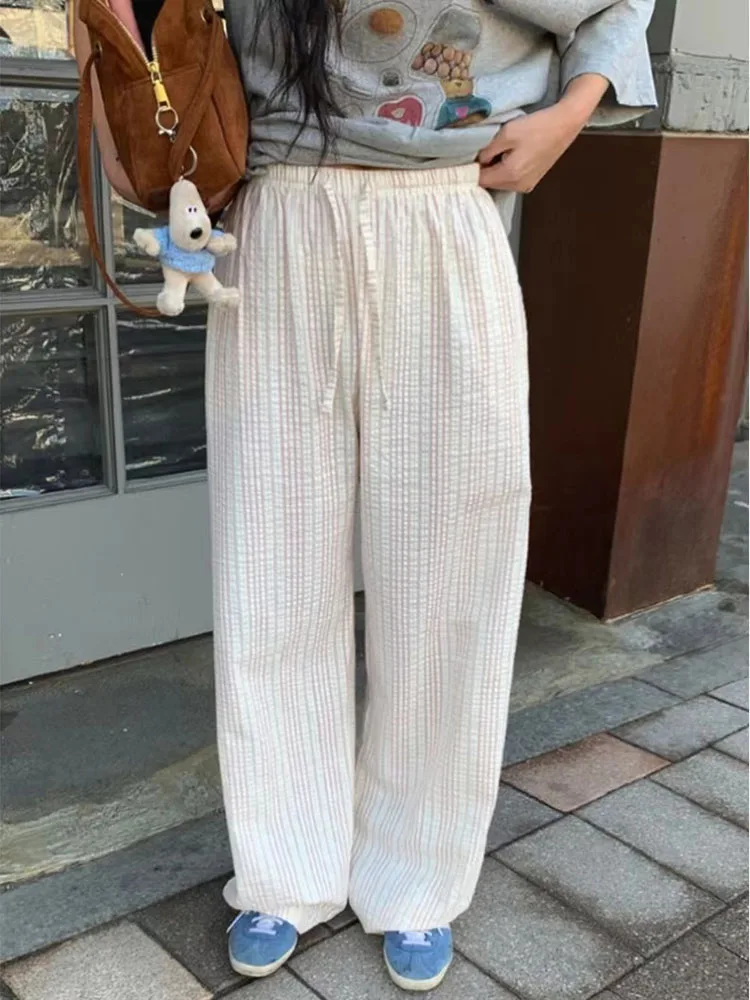 Women 100% Foamed Cotton Stripes Wide Leg Pants Korean Fashion Elastic Hight Waist Straight Trousers Casual Soft Mopping Pants