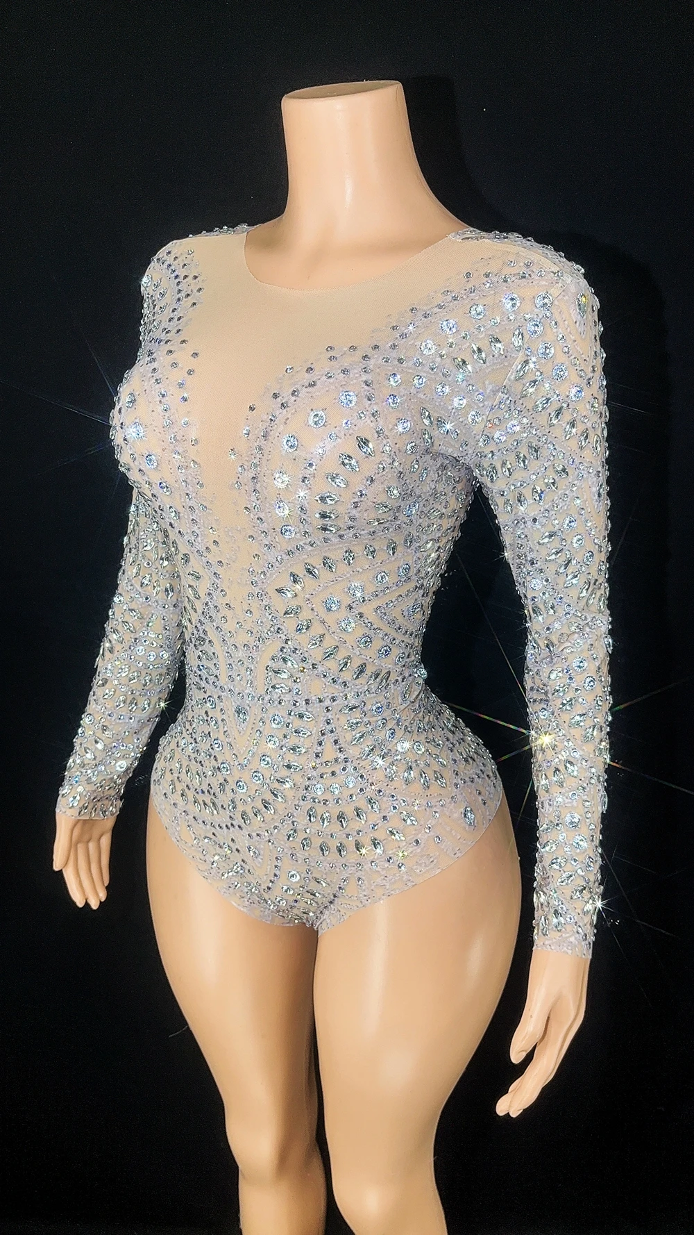 Sparkly Rhinestones แขนยาวตาข่ายโปร่งใสเซ็กซี่เต้นรำเครื่องแต่งกาย Leotard Stage Wear Party Night ชุด