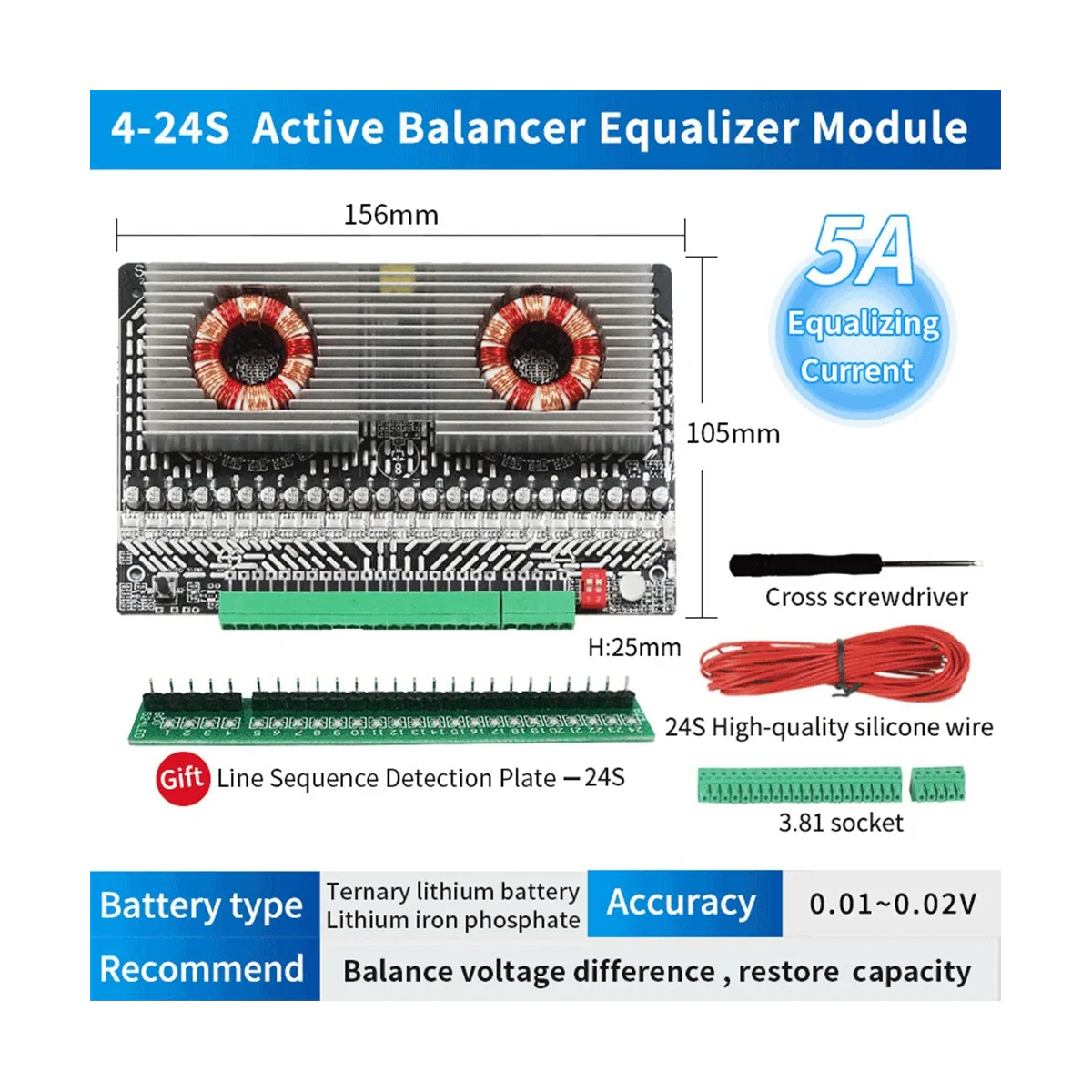 Bilanciatore equalizzatore attivo 3S 4S 6S 7S 8S 12S 14S 15S 16S 17S 18S 19S 20S 24S BMS Lifepo4/li-ion 5A condensatore (5A)