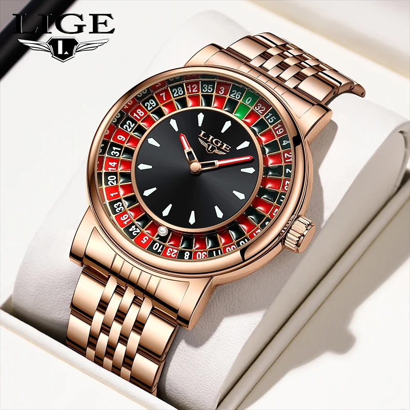 LIGE Men Watches Rotating Dial Las Vegas Roulette Desktop Theme Quartz Watch Man Wristwatches Waterproof Luminous Clock Watches