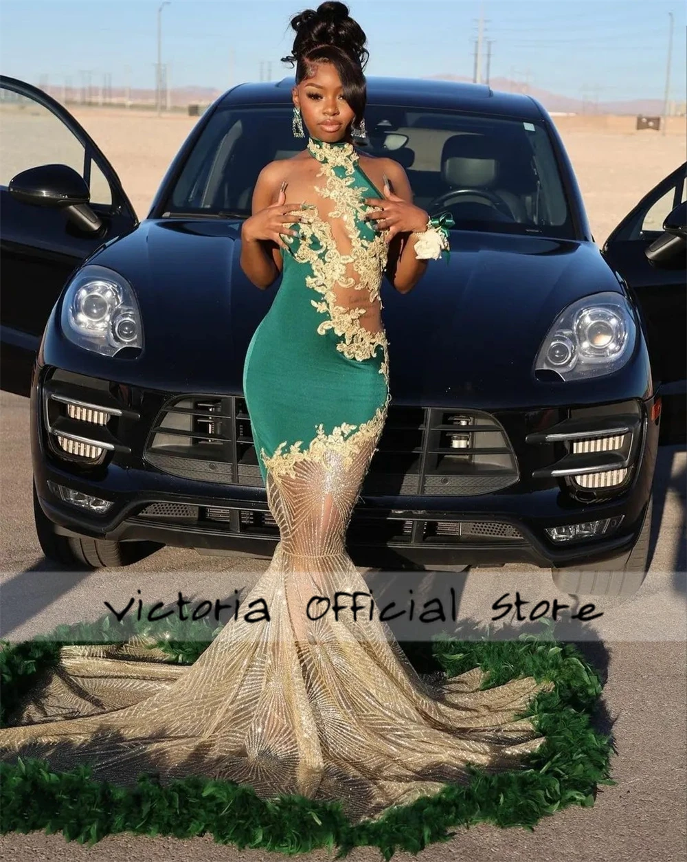 Green Feathers Train Gold Sparkles Halter Mermaid Rhinestone Prom Dress Black Girl Birthday Party Wedding Guest Gown Customized