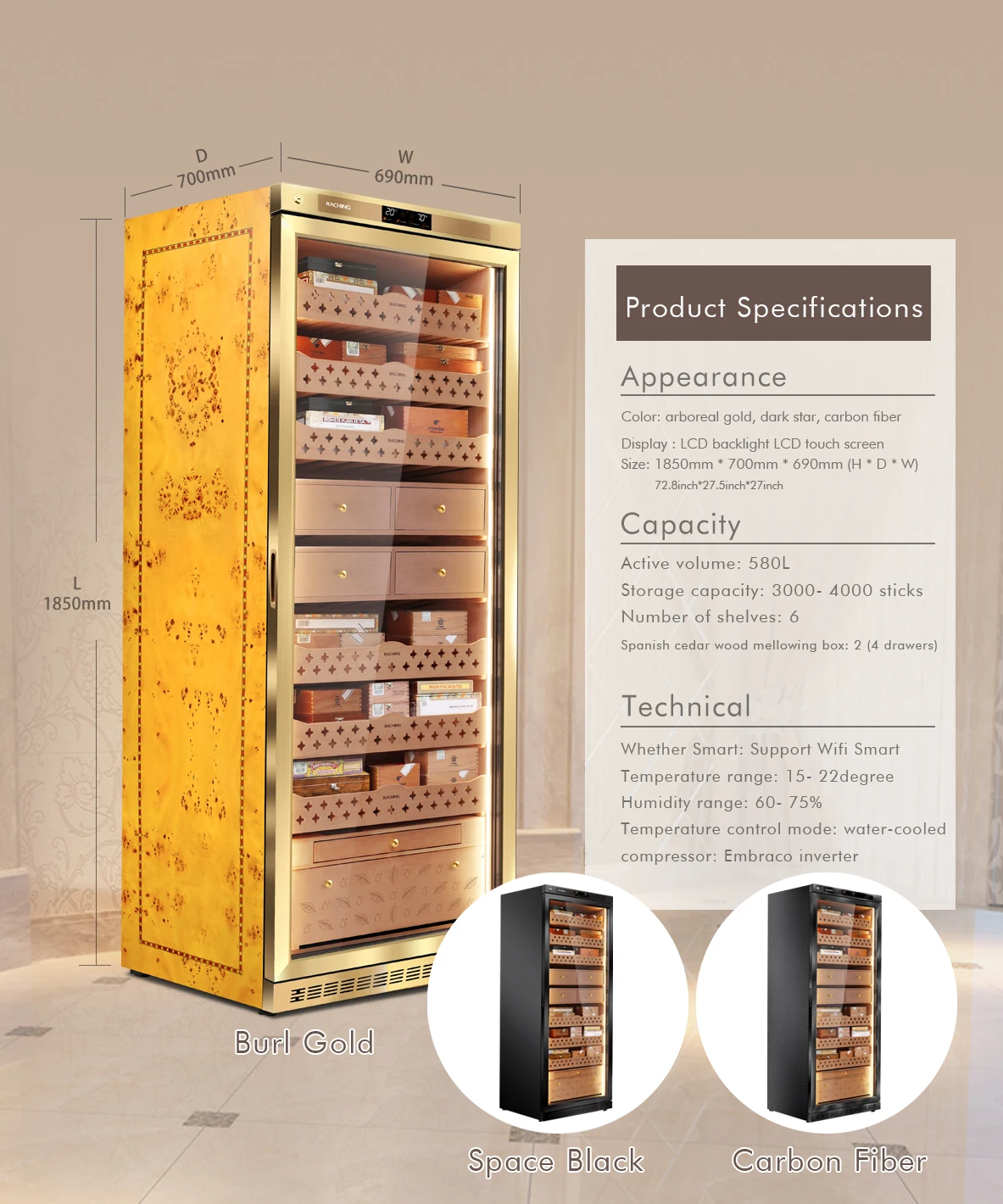Large Stainless Steel Electric Cigar Humidor MON5800A Humidity Temperature Control App-Controlled Household Cabinet 3500