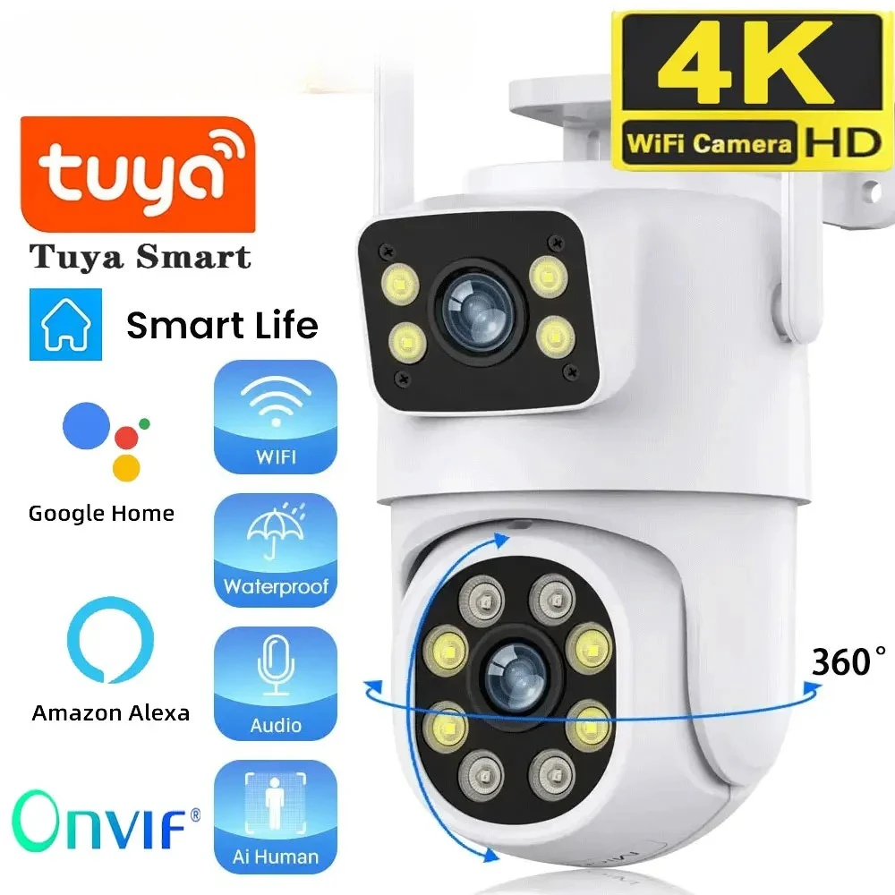 4K 3MP Tuya double objectif WIFI caméra PTZ extérieur double écran Ai humain suivi automatique caméra de sécurité Surveillance avec Alexa Google