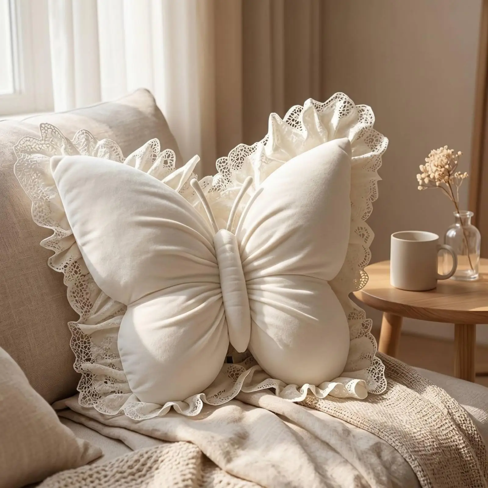 Fluttering Shape Pillow with Lace Soft Butterfly Pillow -Touch with Lace Trim for Sofa, Bed, Car