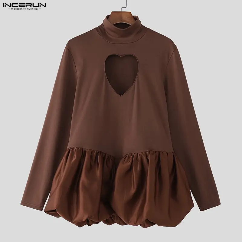 

INCERUN Men Irregular T Shirt Patchwork Hollow Out Turtleneck Long Sleeve Male Tee Tops Streetwear Party Personality Camisetas