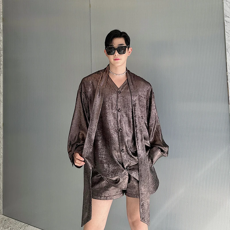 Men Loose Casual Long Sleeve Dress Shirts Shorts 2 Pieces Sets Korean Streetwear Show Blouse Stage Clothes Performance Costumes