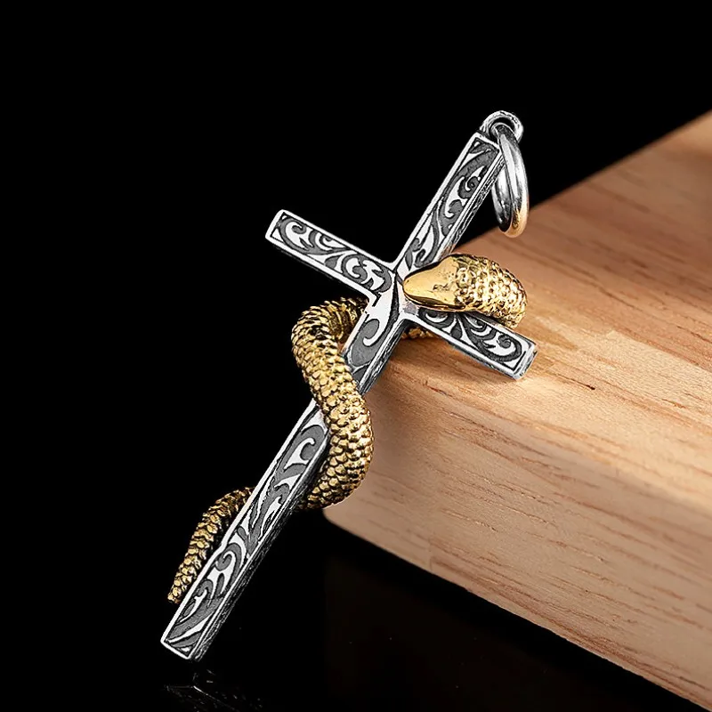 BOCAI S925 Sterling Silver Pendants for Women Men New Fashion Vintage Cross Eternal Rattan Totem Smake Jewelry Free Shipping