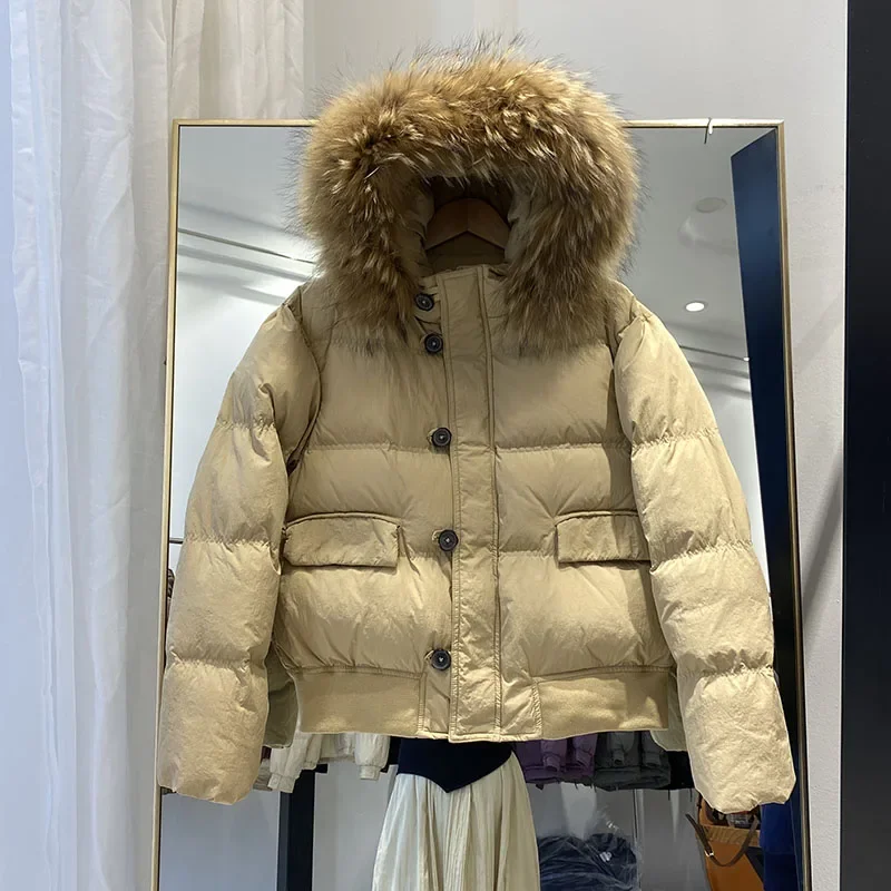 Parka de nieve de piel de zorro auténtica para mujer, chaqueta de plumón de pato blanco con cuello de lana, abrigo de invierno holgado y grueso de talla grande, prendas de vestir