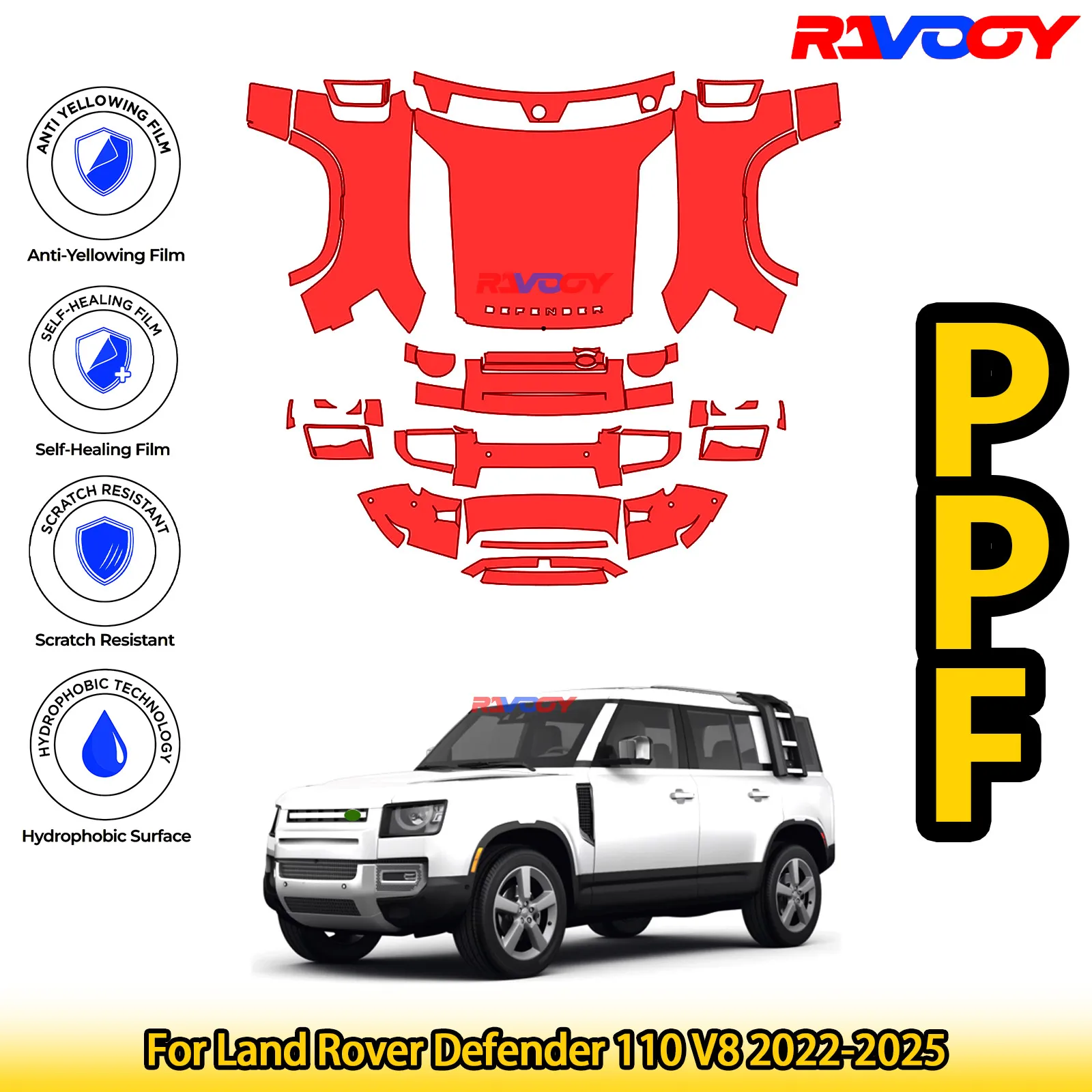 

Для Land Rover Defender 110 V8 2022-2025, глянцевая матовая черная предварительно вырезанная передняя защитная пленка PPF, комплект