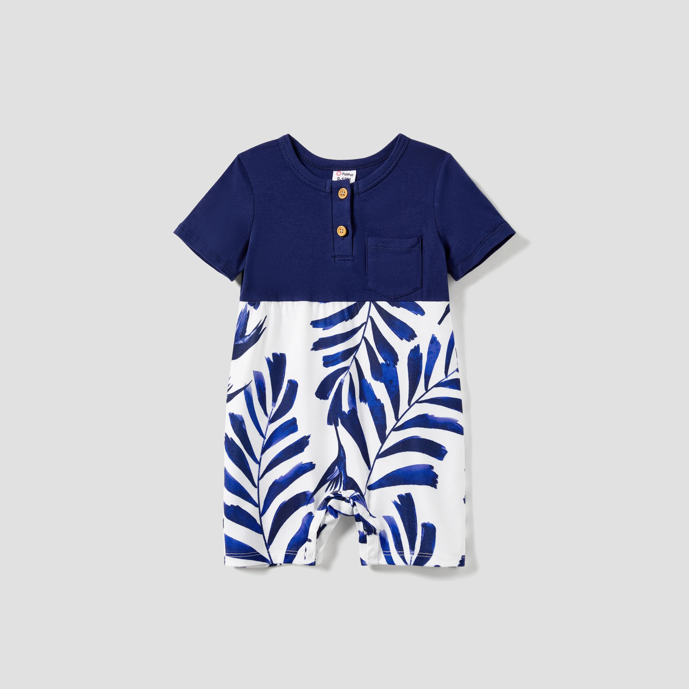 PatPat Family Matching Modern Blue and White Botanical Leaf Design Button Strap Dress and Color Block Tee Sets