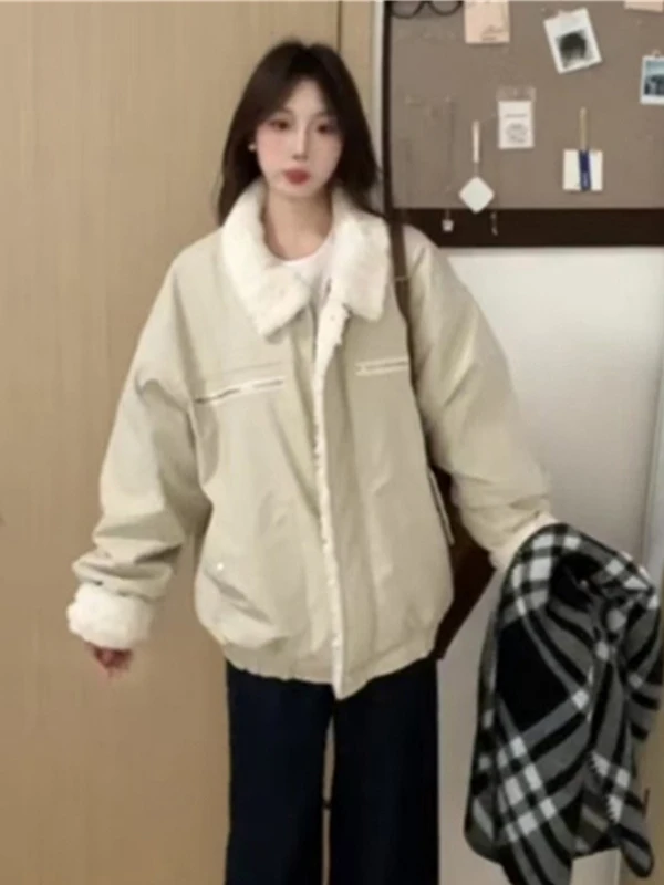 

Retro American Lamb Fur Cotton Jaet Women's Winter New Loose Collar Super Cute Warm Coat Trendy Cotton Clothes