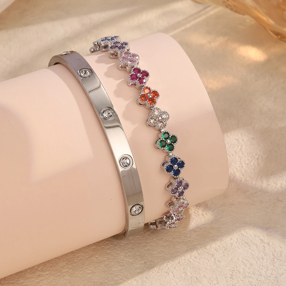 2PCS Colorful Shiny Zircon Five-leaf Flower Stacked Bracelet Bangles High Quality 18K Gold-plated Stainless Steel Jewelry Gift image 5