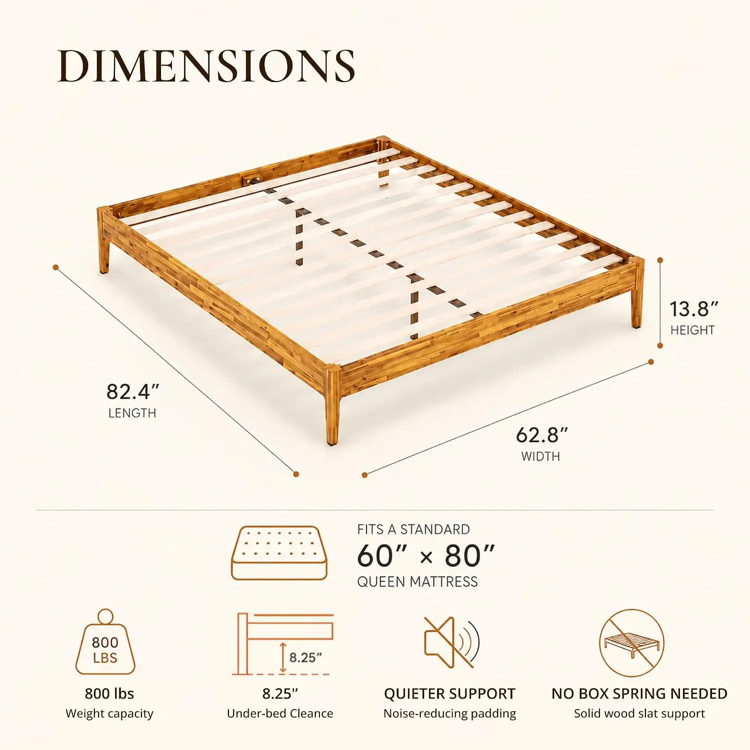 14'' Acacia Wood Queen Platform Bed Frame Heavy Duty Japanese Joinery No Box Spring Modern Easy Assembly Caramel, Customized