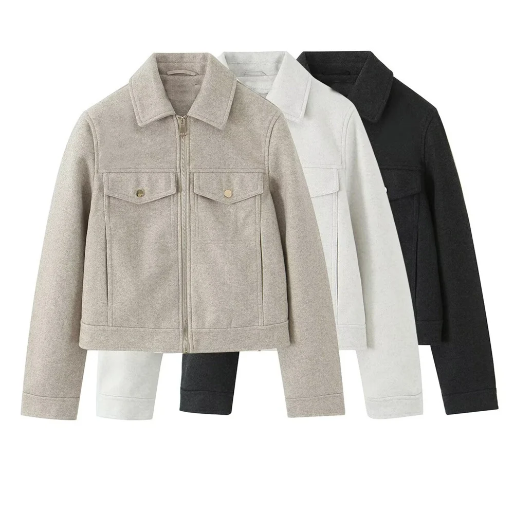 

Autumn and winter new women's clothing high-end fashion solid color pocket decoration lapel soft zipper jacket jacket