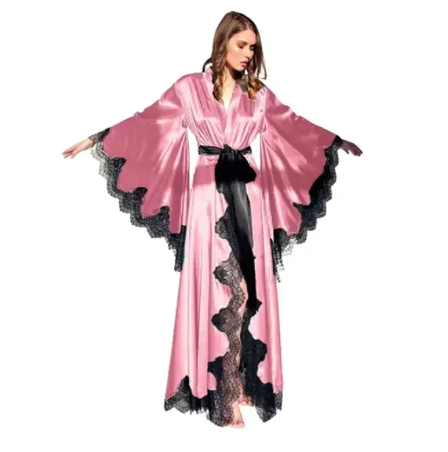 Women Robes Sleepwear Kimono Pajamas Pure Long Black Silk Satin Lace Trim Photography Dress Wedding Bride Gown Photo Shoot