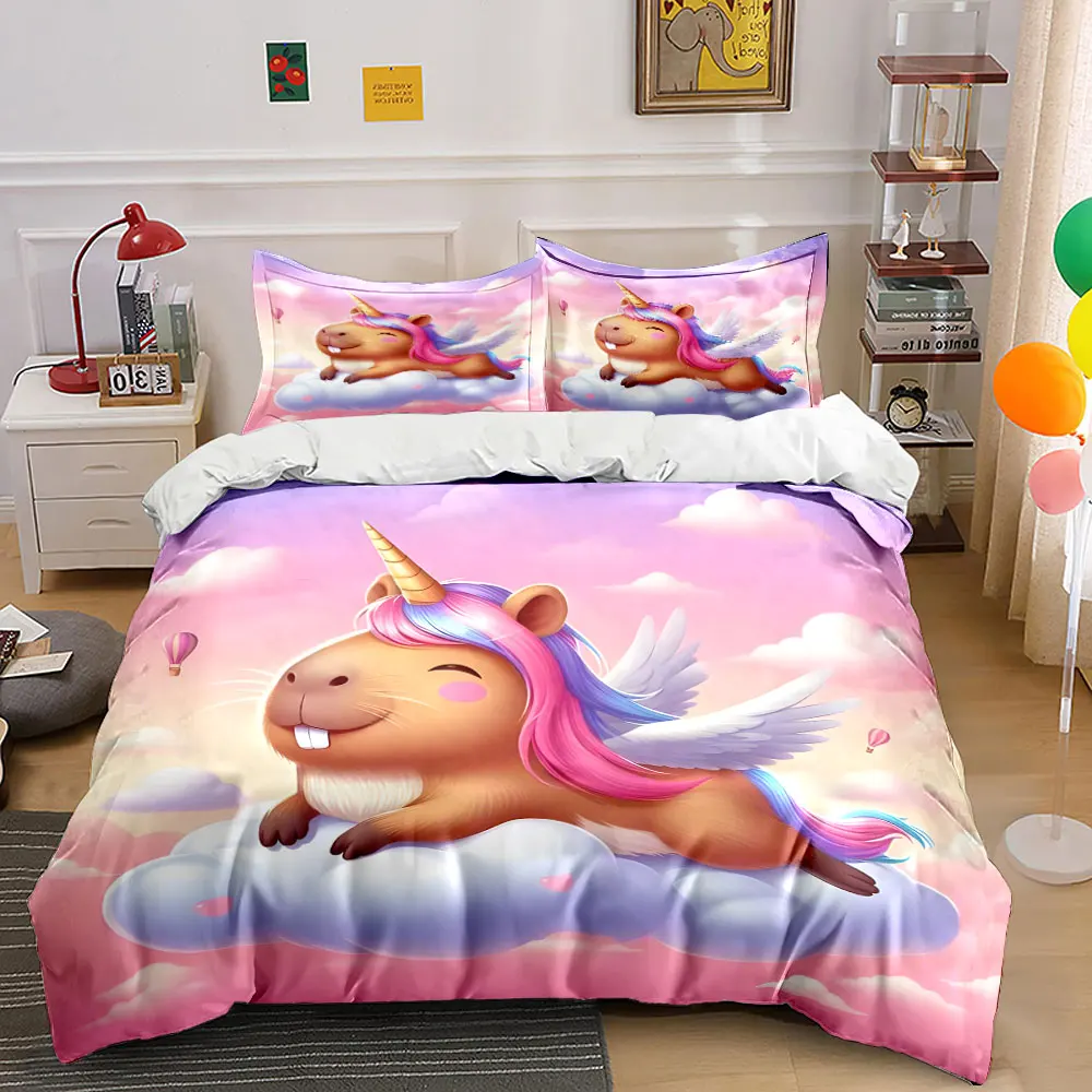 

Capybaras on the Clouds Pattern Duvet Cover Set Digital Print Colorful Polyester Bedding with Zipper Closur for kids gifts