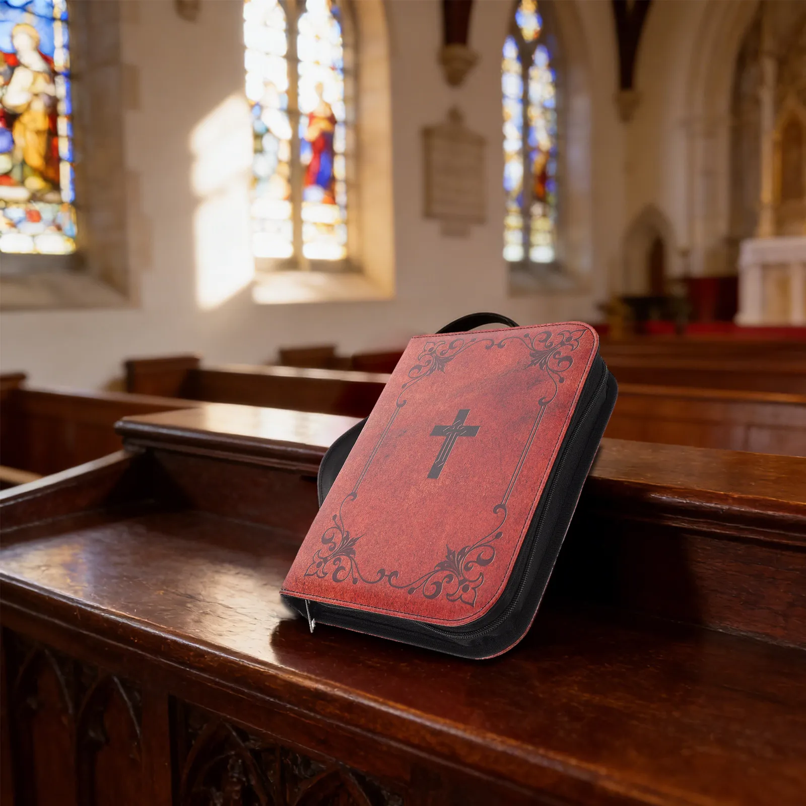 Vintage Aesthetic Bible Cover Case PU Retro Cross Print Scripture Book Protector with Handles for Church Study Travel view 6
