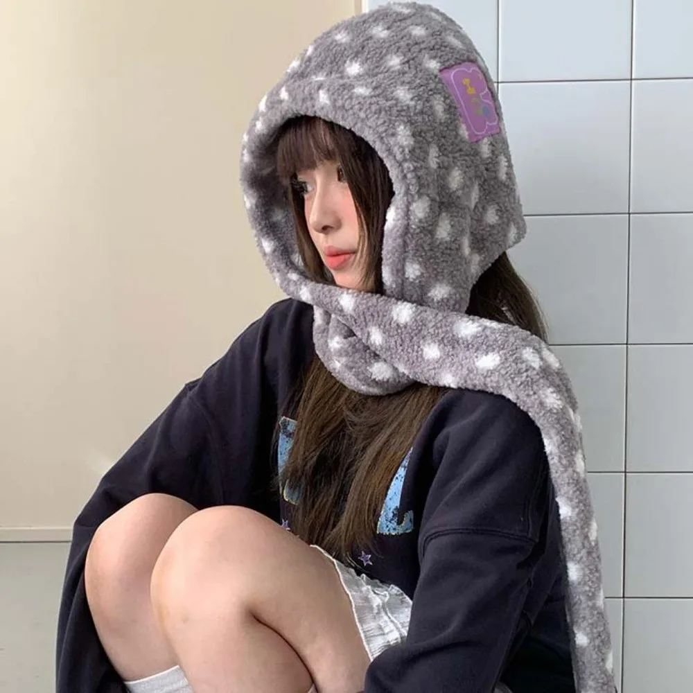 Integrated Design Hooded Scarf Hat Thermal Fabric Soft Fluffy Polka Dot Beanie Windproof Loose Fit Plush Balaclava Cap