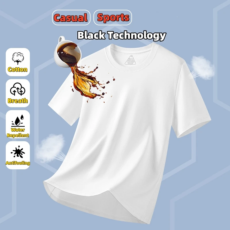 

Male 100% Cotton White T-shirts Solid Color Summer Breathable Casual Sportswear Tops Water Repellent Antifouling Quality Clothes