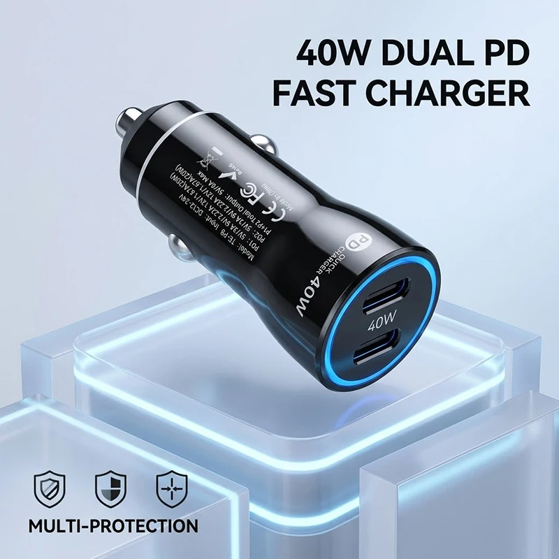 40W PD Dual USB C Car Charger, Mini Fast Adapter with Blue LED Ring For Safe Phone Tablet Dash Cam Navigation Power For iPhone