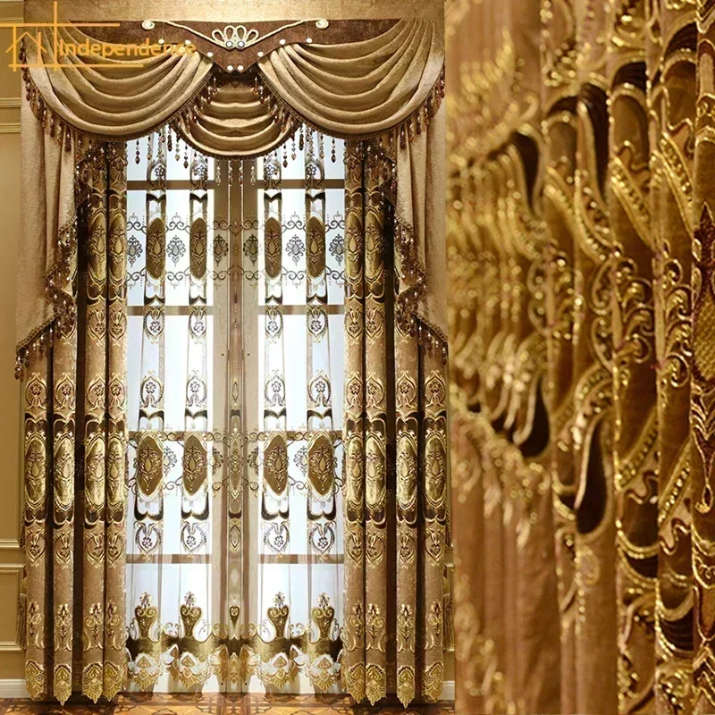 European Style Embroidered Luxury Palace Curtains Luxury Thick Chenille Blackout Custom Curtains for Living Dining Room Bedroom