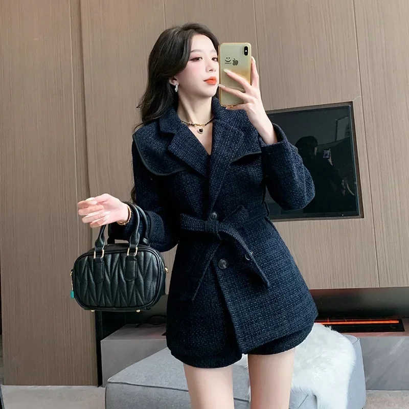 Tweed setelan 2 potong untuk wanita, jas Formal biru dongker 2 potong, Blazer + celana pendek, jaket kantor Formal, sabuk pakaian kerja wanita, mantel musim gugur