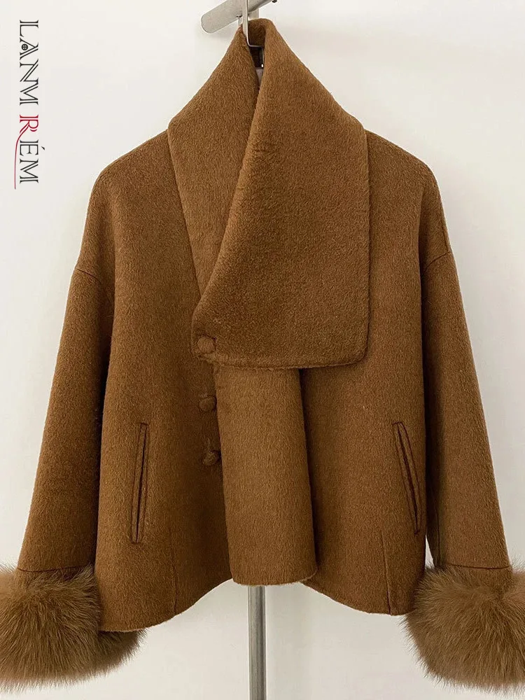 LANMREM Scarf Detachable Woolen Coat With Fox Fur Cuff Temperament Coat Short Double Sided Wool Jacket 2024 Winter New 2DB1756