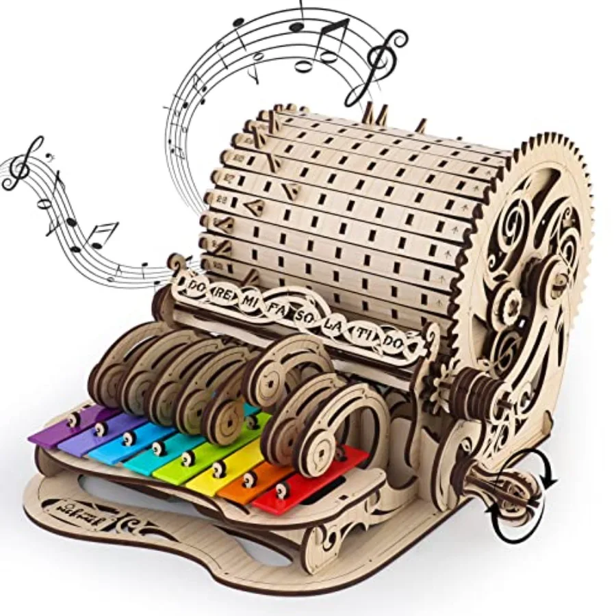 

3D Wooden Puzzle Model Kit for Adults Piano Mechanical Music Box Wooden Xylophone Toy in Natural Wood Color with Interactive Mu