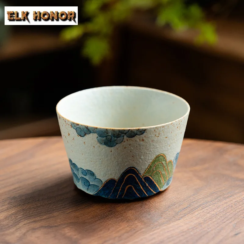 165ml Hand-painted Tracing Gold Green Mountain Teacup Creative Tea Bowl Mug Tea-tasting Smelling Cup Jianzhan Master Cups Teaset