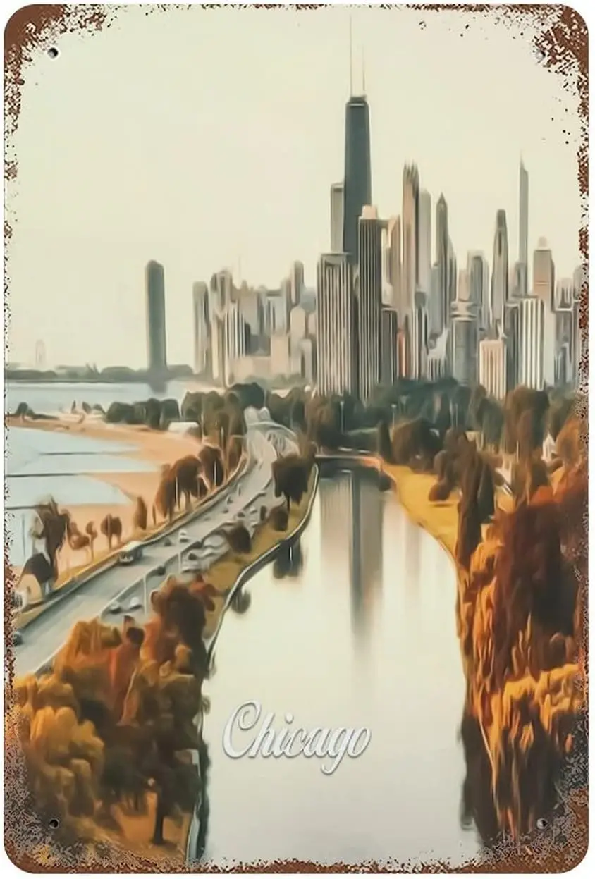 Metal Tin Sign Chicago City Scene Outdoor Metal Signs Landscape Artwork Modern Retro Metal Signs Wall Decor Man Cave Bar 8x sign