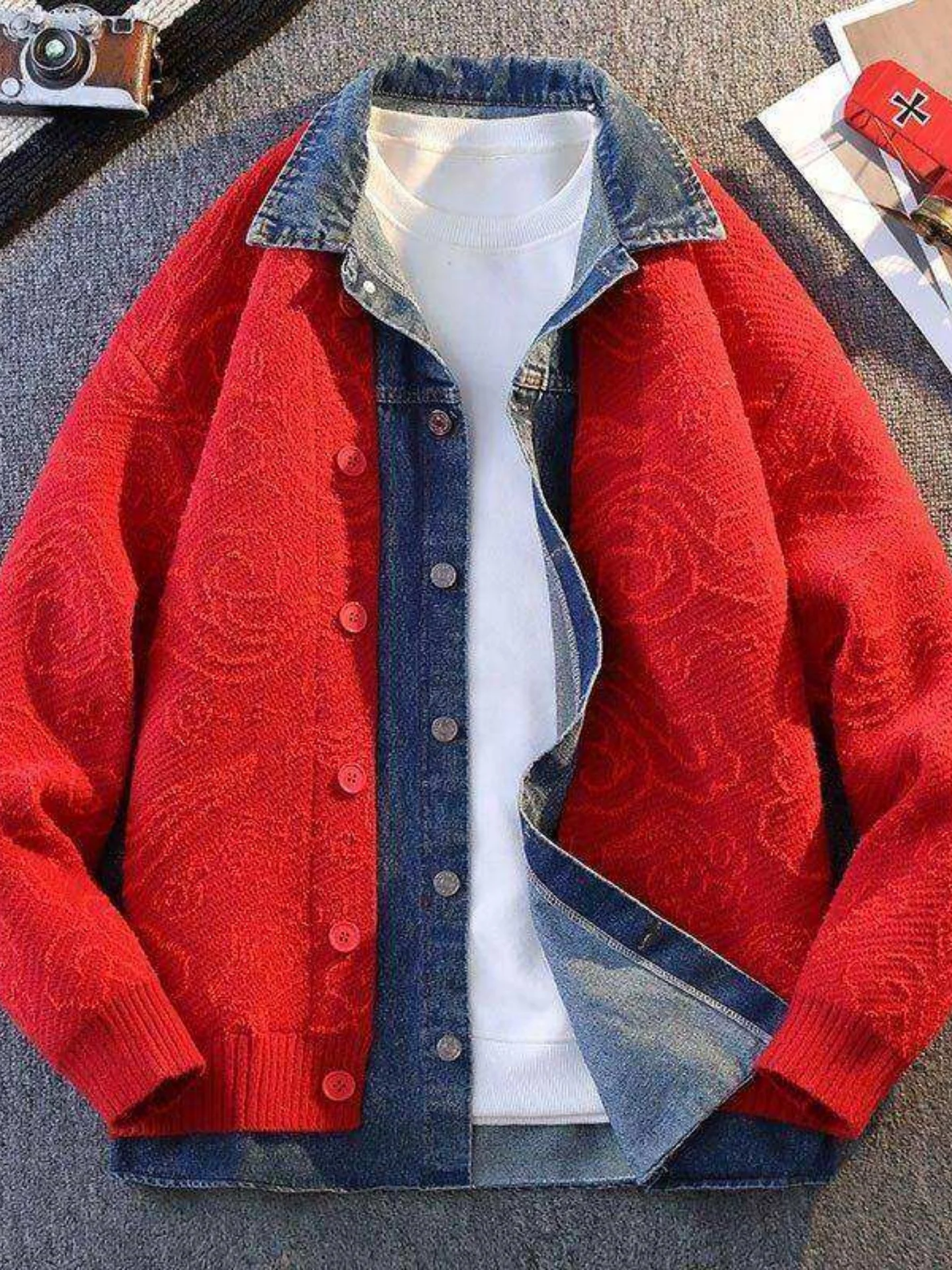 

Red Knitted Sweater for Men Spring Autumn Winter Casual Sle Denim Patchwork Open Cardigan Coat Soft Comfortable Loose Fit