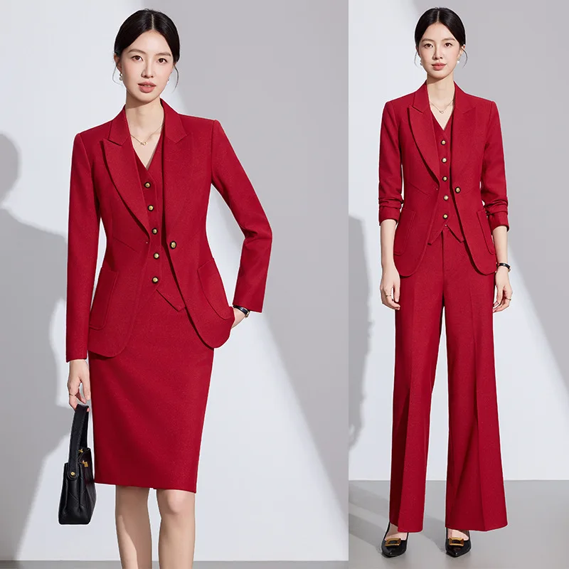 Red Blazer Professional Women's Vest Suit Elegant Workplace Workwear Business Formal Wear