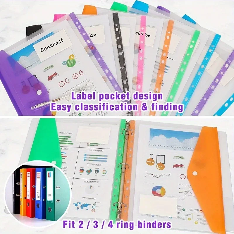 

Transparent Plastic Envelopes Binder Pocket Expandable 2/3/4 Ring Document Pouch with Snap Button Label for Office School