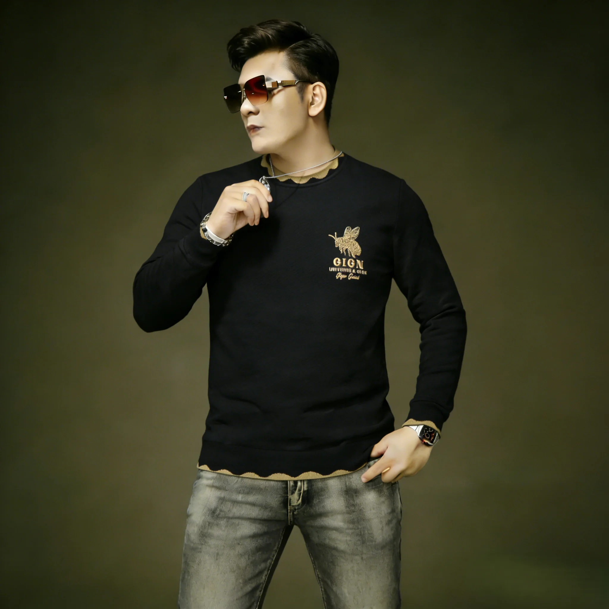 

Роскошный свитшот с вышивкой в виде пчелы, мужской, с круглым вырезом, длинными рукавами, облегающий, универсальный, из хлопка и полиэстера, повседневный топ