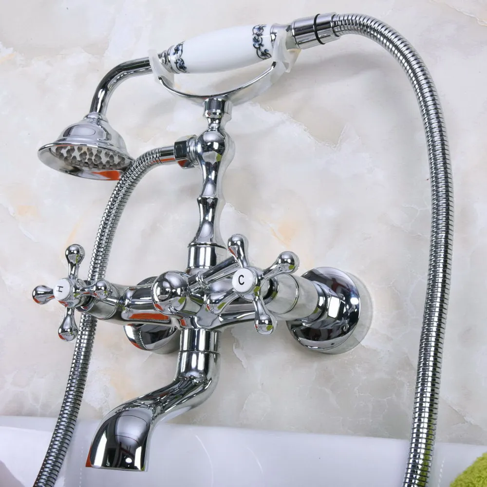 

Silver Chrome Brass Wall Mounted Bathroom Bath Tub Faucet Set WITH/ 150CM Handheld Shower Spray Head Mixer Tap Dna186