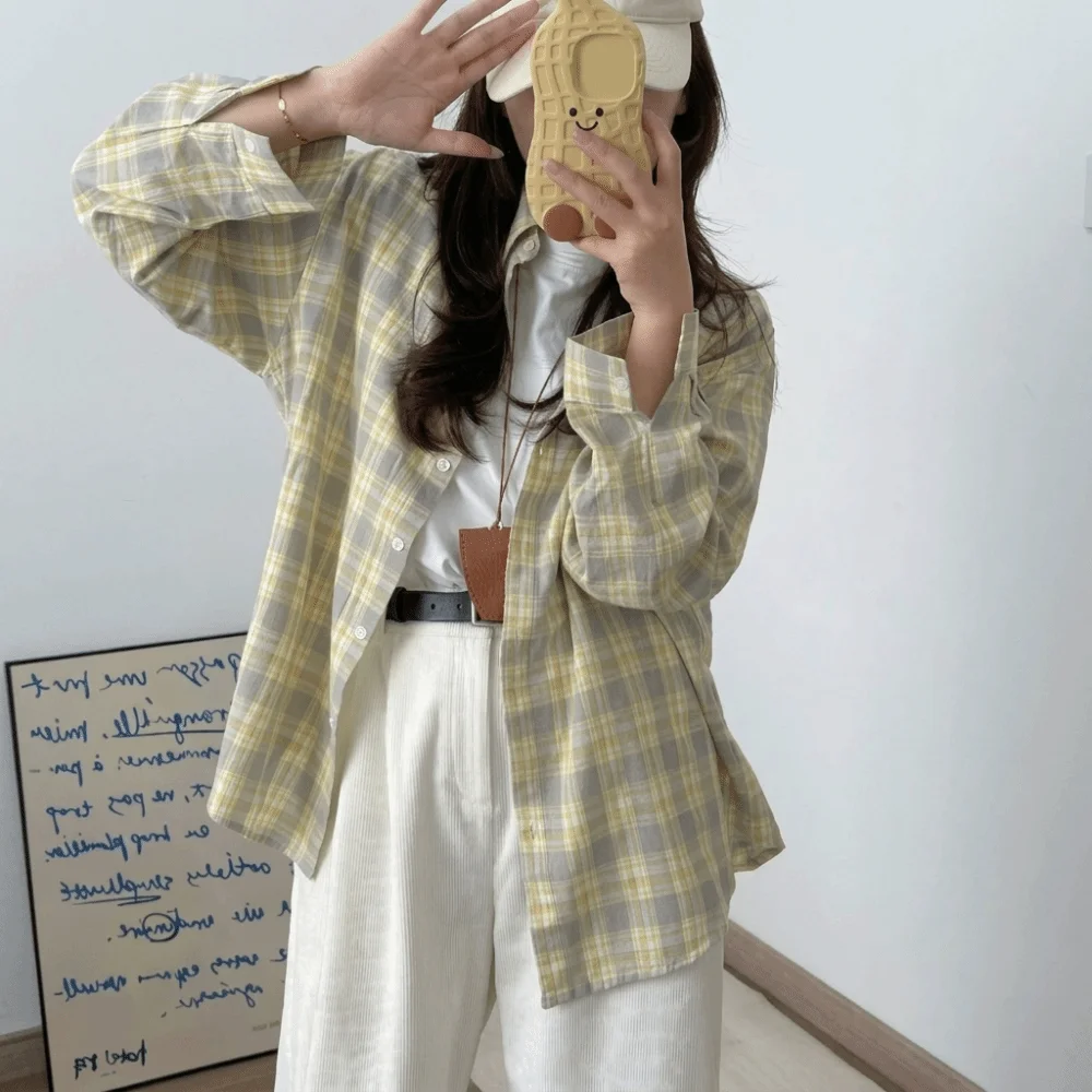 

Fashion Loose Women Plaid Shirt Long Sleeve Casual College Blouse Top Breathable Fresh Female Checked Shirt Autumn