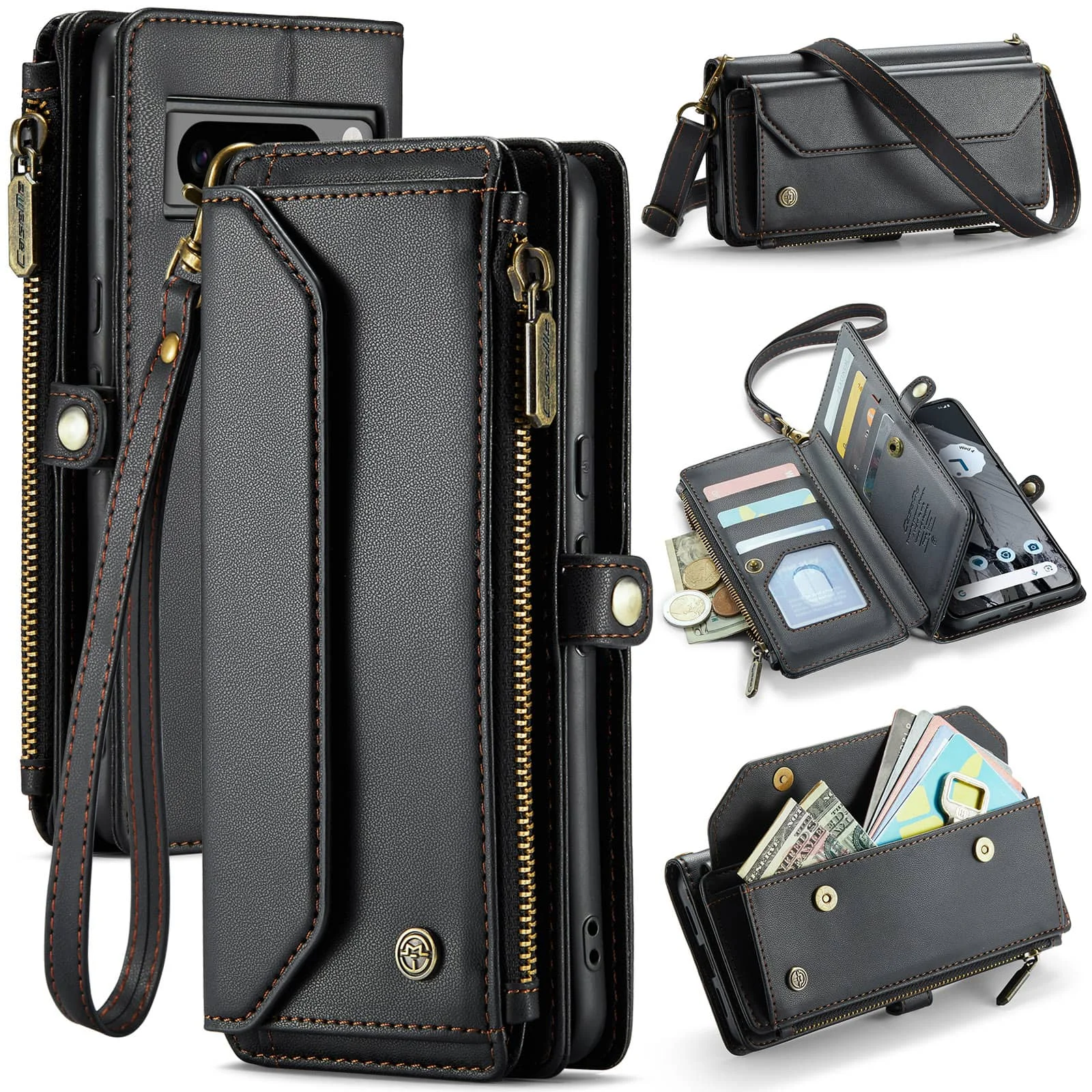 

for Google Pixel 9 Pro XL 8Pro 7A Case with Pen Holder Slot, RFID Blocking Wallet Case with Card Holder Zipper Strap PU Leather