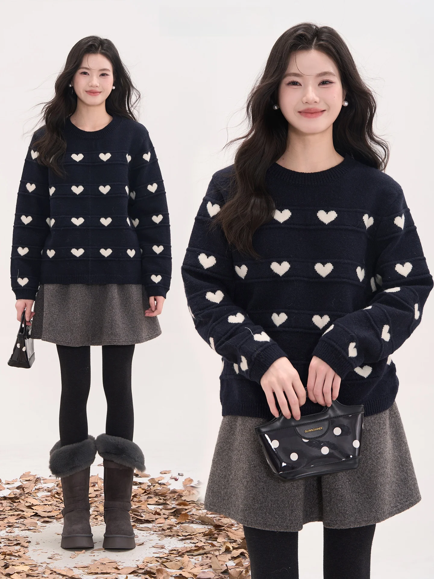 

Вязаный свитер с сердечками, повседневный, с круглым вырезом, женский, осенне-зимний, утепленный, с длинными рукавами, из мягкого нейлона и акрила