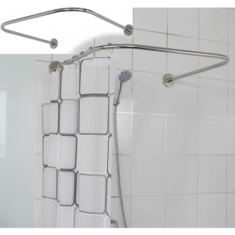 

U-Shaped Adjustable Shower Curtain Rod 304 Stainless Steel with 12 Rings - Silver Bathroom Bathtub