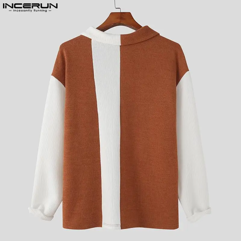 Korean Style Handsome New Men Tops INCERUN Contrast Knitting Pullovers Casual Fashion All-match Long-sleeved Lapel Sweater S-5XL