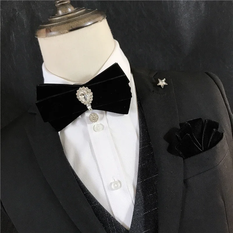 Vintage Herren Samt Diamant Fliege Set Britischer Stil Männer Hochzeit Fliege Taschenhandtuch Kleider Formeller Anzug Hemd Accessoires Geschenke