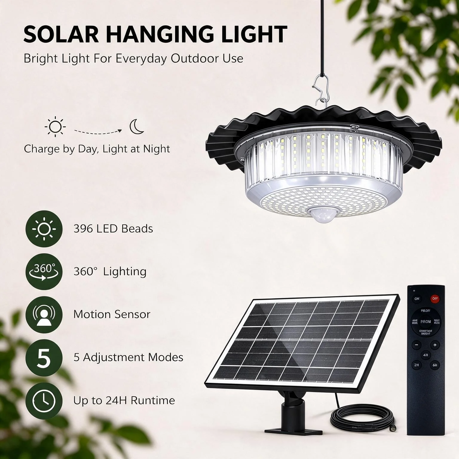 Outdoor Solar Hanging Lamp PIR Motion Sensor 5 Modes Remote Dimmable Timer Split 5M Cable IP65 Waterproof for Garden Barn Patio