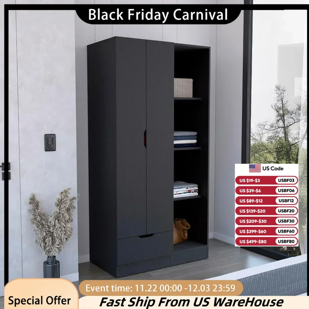 , Wardrobe Armoire with 4-Tier Storage Shelves and 1 Drawer, Closet Storage Cabinet,Clothing Organization