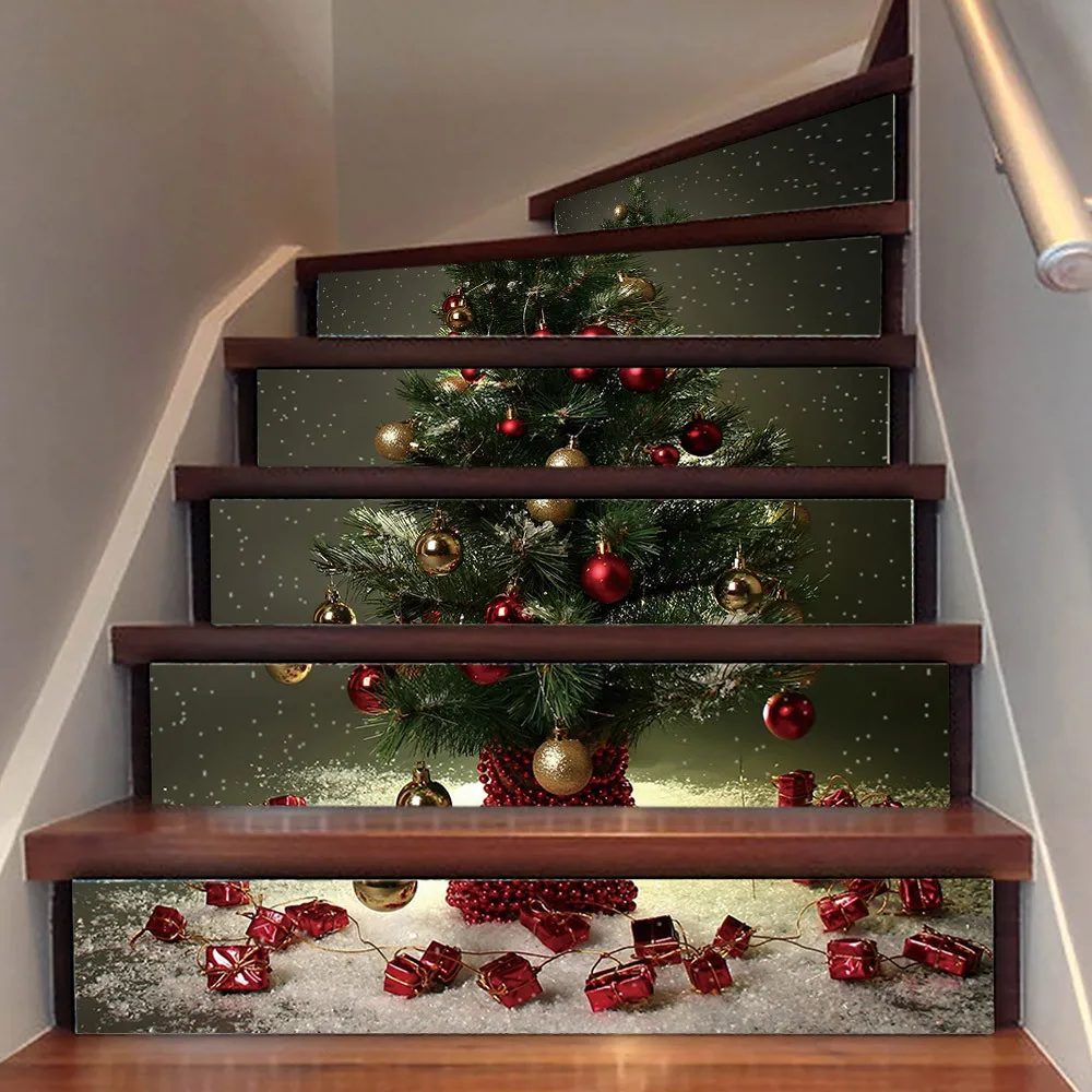 Removable Christmas Tree Stair Riser Stickers 6Pcs 100x18cm Vinyl Decals Baubles Snow Scene DIY Staircase Xmas Holiday Decor